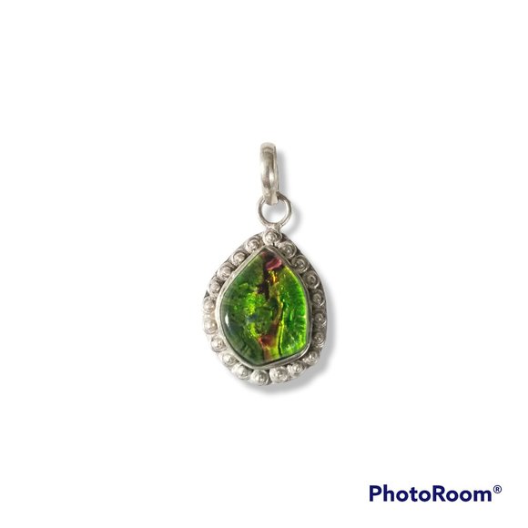 Green Art Glass Stone Pendant Teardrop In Sterling Silver - Picture 3 of 5